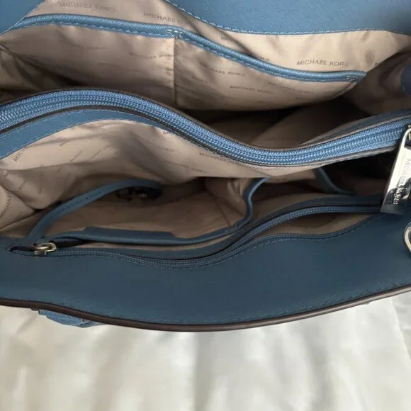 Michael Kors Tote Bag Emma Satchel Shoulder Crossbody Blue Pockets Leather - Picture 12 of 14